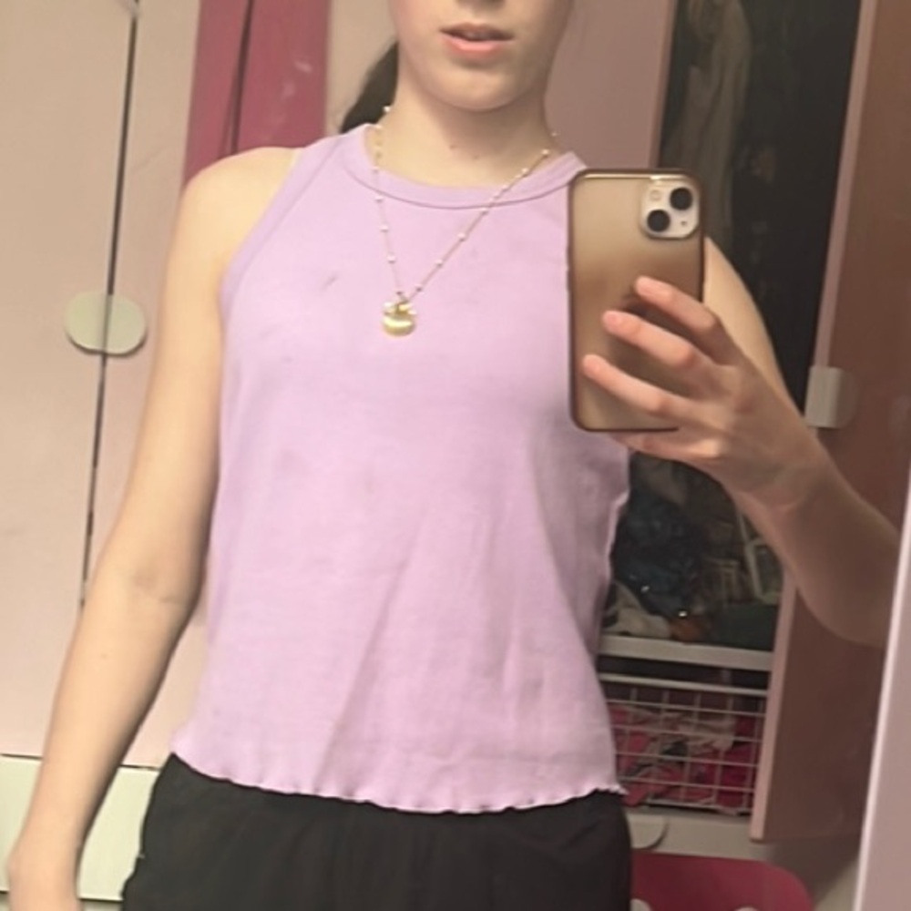 Lavender Tank Top and Black Shorts